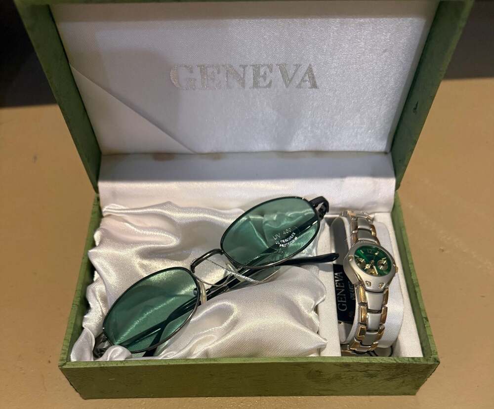 Geneva Watch and Sunglasses Gift Set Green Dial Two-Tone Chronograph Style Watch